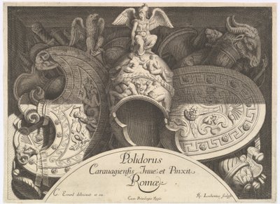 1651年、ローマのパラッツォ・ミレージのファサードの後の武器のトロフィー 作： Polidoro da Caravaggio