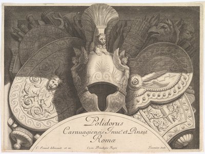 ダイバーズトロフィー武器のトロフィー、ローマのパラッツォミレシのファサードの後、1651年。作成者：Polidoro da Caravaggio、Rene Lochon。 作： Polidoro da Caravaggio