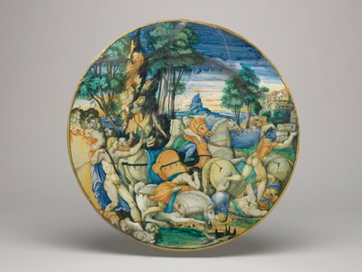 マヨリカ焼き、アポロがニオベの息子を殺す-形は約64、縁は無地、皿の底、1548 作： Polidoro da Caravaggio