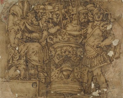 ポルセンナの前で炎に手を入れるムキウス・スカエヴォラ 作： Polidoro da Caravaggio