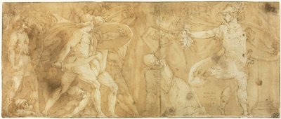 メデューサの頭を持つペルセウス、フィネウスと彼の信奉者を石に変える 作： Polidoro da Caravaggio