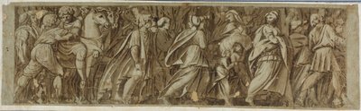 テベレ川を渡ってローマ競技大会に参加するサビネス 作： Polidoro da Caravaggio