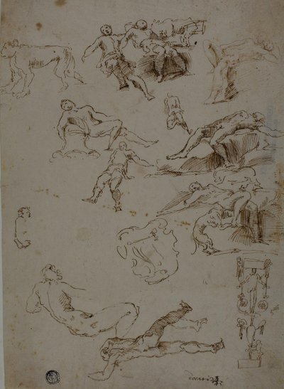 男性の裸体、動物、装飾の細部のスケッチ 作： Polidoro da Caravaggio
