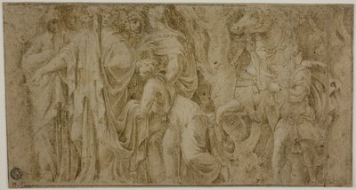 ニオベの物語：崇拝者から贈り物を受け取るニオベ。 青春と馬 作： Polidoro da Caravaggio