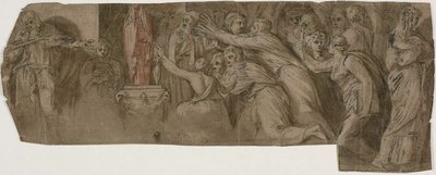 ニオベの物語：ニオベ像の前の司祭と崇拝者 作： Polidoro da Caravaggio