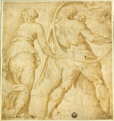 左を向く女性、トランペットを吹く男性ヌード 作： Polidoro da Caravaggio
