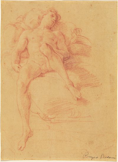 裸の男性がベッドに横たわる 作： Pompeo Batoni