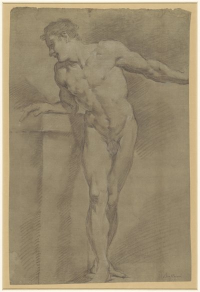 パラペットにもたれて立っている男性モデルの研究 作： Pompeo Batoni
