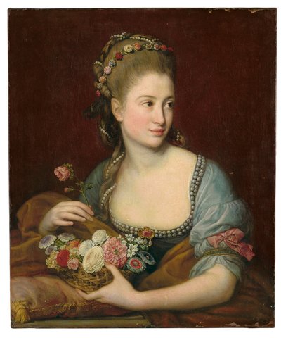 花の籐のバスケットを保持している、ハーフレングスのフローラとしての女性の肖像画 作： Pompeo Girolamo Batoni