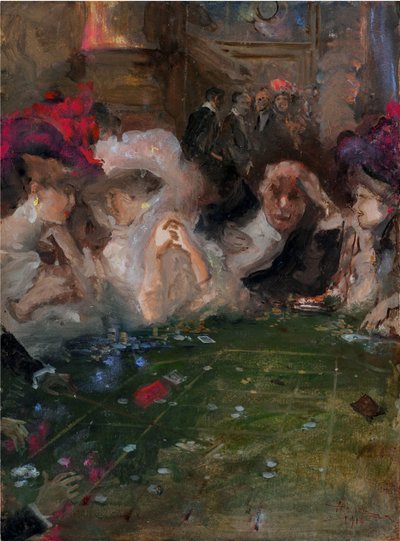 マリアーニ、ポンペオ（1857-1927）によるルーレットのプロのギャンブラー。厚紙に油彩、サイズ：36x26 作： Pompeo Mariani