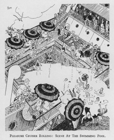 プレジャー・クルーザーが転がる様子、プールの様子（リトグラフ 作： Pont