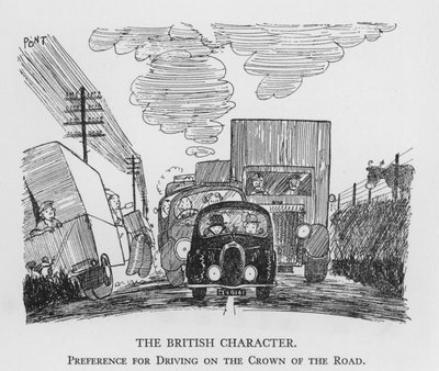 英国人の性格、道路の王冠の上を走ることへのこだわり（リトグラフ 作： Pont
