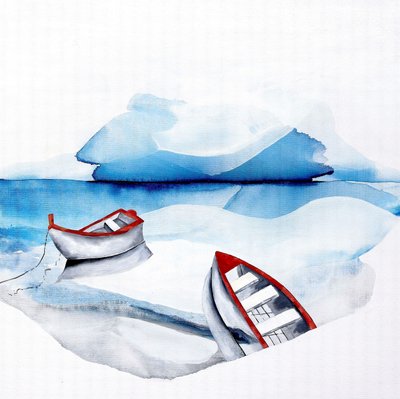 赤いボート、青い湖 作： Poonam Choudhary