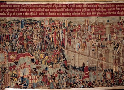 アフリカの征服：「1471年、ポルトガル艦隊によるモロッコのアシラ（アルジーラ）の占領」16世紀ポルトガル派のタペストリーの断片。リスボン、国立古代美術博物館 作： Portuguese School
