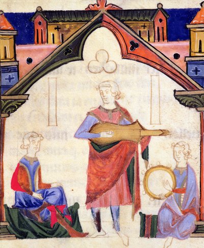 Fol.12vシャンソニエデノーブルの、ギターとタンバリンを演奏するミュージシャン 作： Portuguese School