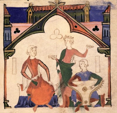 Fol.4rシャンソニエデノーブルのカスタネットと詩篇を演奏するミュージシャン 作： Portuguese School
