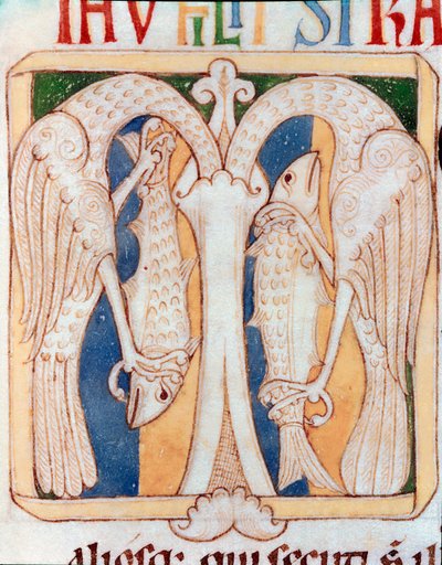 鷺と魚のレターヘッド飾り。サンクタ・クルス・デ・コインブラの写本「Testamentum Vetus」のミニチュア。12世紀ポルト、市立図書館 作： Portuguese School