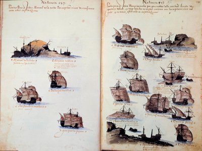マニュエル1世（1469-1521）の下でのポルトガルの艦隊を表した原稿ページ「Memorials of the armadas of the King Manuel I (1469-1521)」。紀元前1523年 パリ 作： Portuguese School