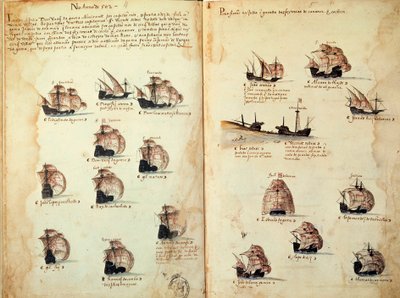 マニュエル1世（1469-1521）の下でのポルトガルの艦隊を表した原稿ページ「Memorials of the armadas of the King Manuel I (1469-1521)」。紀元前1533年 パリ 作： Portuguese School