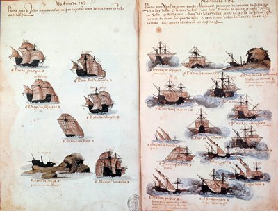 マニュエル1世（1469-1521）の下でのポルトガルの艦隊を表した原稿ページ「Memorials of the armadas of the King Manuel I (1469-1521)」。紀元前1523年 パリ 作： Portuguese School