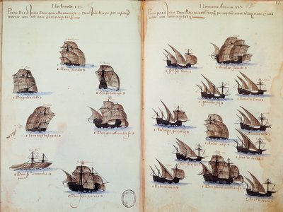 マニュエル1世（1469-1521）の下でのポルトガルの艦隊を表す「Memorials of armadas of the King Manuel I (1469-1521)」の原稿ページ 作： Portuguese School