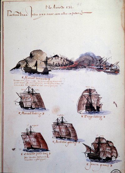 1497年のポルトガルの艦隊を表す「マヌエル1世（1469-1521）の下でのポルトガルの艦隊の記憶」という写本のページ。1500年リスボン、国立古代美術博物館 作： Portuguese School