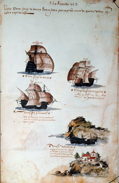 1497年のポルトガルの艦隊を表す「マヌエル1世（1469-1521）の下でのポルトガルの艦隊の記憶」という写本のページ。1500年リスボン、国立古代美術博物館 作： Portuguese School