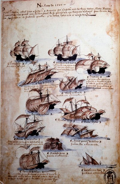 1497年のポルトガルの艦隊を表す「マヌエル1世（1469-1521）の下でのポルトガルの艦隊の記憶」という写本のページ。1500年リスボン、国立古代美術博物館 作： Portuguese School