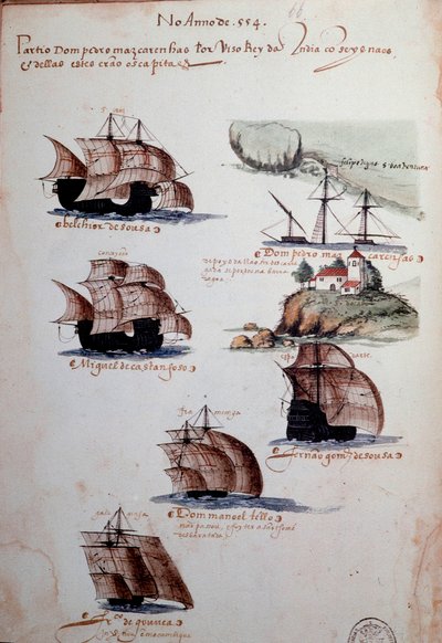 1497年のポルトガルの艦隊を表す「マヌエル1世（1469-1521）の下でのポルトガルの艦隊の記憶」という写本のページ。1500年リスボン、国立古代美術博物館 作： Portuguese School