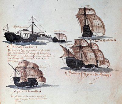 マヌエル1世（1469-1521）の下でのポルトガルの軍隊の記念品：ポルトガル艦隊のキャラベルの表現。1497年の写本のミニチュア。リスボン国立古代美術博物館 作： Portuguese School