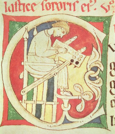 Ms 22 fol.139rサンタクルスデコインブラのVitae Sanctorumからの、修道士の執筆を描いた歴史のある頭文字C 作： Portuguese School