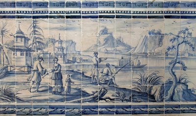アジアの湖のほとりの風景 - アズレージョ、ファイアンスの絵 作： Portuguese School
