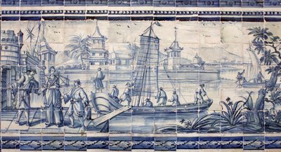 アジアの川岸の風景 - アズレージョ、ファイアンスのペイント 作： Portuguese School