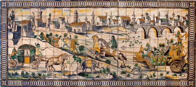 Singerie, the marriage of the hens - Tile panel, circa 1665, from the old farm of Cadriceira, in Turcifal, Torres Vedras (Portugal) (鶏の結婚式、タイルパネル、1665年頃) - Musee national des azulejos, Lisbon (Portugal) 作： Portuguese School