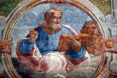 キリストの修道院。後期ゴシック様式の絵画や彫刻で飾られた円形教会の内部。聖マルコ伝道師。トマール。ポルトガル。 作： Portuguese School