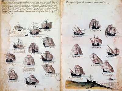 軍艦。マヌエル1世（1469年～1521年）時代のポルトガルの軍隊の記憶。1505年の写本。パリBN 作： Portuguese School