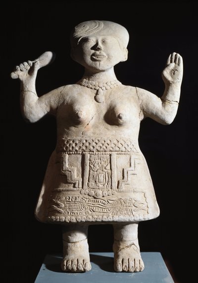 プレコロンビア美術、トトナック文明：空中で腕を組むプレトレスの彫像 JC後6～9世紀 エル・タジン（石）より 作： Pre Columbian Pre Columbian
