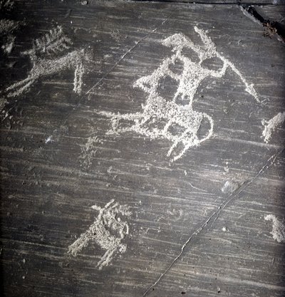 カムニ文明、先史時代、岩絵：狩猟者と鹿を表現した墓石。ヴァルカモニカ(Val Camonica)のロシェ・デ・ナカン(Rocher de Naquane) 作： Prehistoric Prehistoric