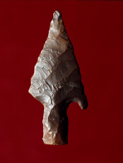 エジプトの古代人：エジプトのファユーム（FayyumまたはFayum）の遺跡から出土した矢の先端。先代の時代。イタリア・ヴェローネ市民自然史博物館蔵 作： Prehistoric Prehistoric