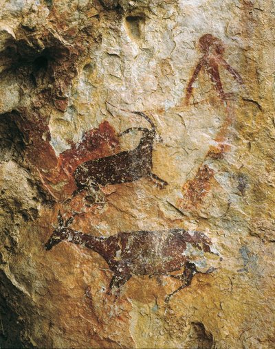 鹿とアイベックスの狩猟場面（紀元前25000～15000年頃）。上部旧石器時代。エル・ペレロ、ラ・カブラ・フレイシェットの洞窟。 作： Prehistoric Prehistoric