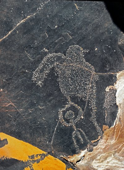 先史時代、ロックアート：人間の姿をした墓石のこと。石器時代の紀元前5000～2000年。アルジェリア、Haut plateau du Hoggar (Ahaggar)、Taghit 作： Prehistoric Prehistoric