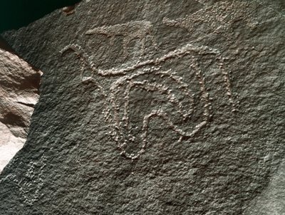 先史時代、ロックアート：牛の表現の深刻な岩石。Tazinaスタイル。石器時代紀元前5000-2000年。アルジェリア、ホッグガル高原（アハガル）、タギット 作： Prehistoric Prehistoric