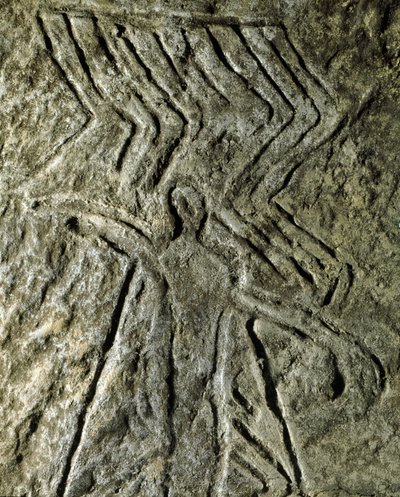 先史時代、ロックアート：人間の姿を表現したペトログリフ（石の上の落書き）。 新石器時代、石器時代。(アゼルバイジャン)青銅器時代バクー、アゼルバイジャン国立宗教歴史博物館 作： Prehistoric Prehistoric