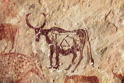 岩絵：ラクダの表現。タドラートの洞窟 アカカス リビア 作： Prehistoric Prehistoric