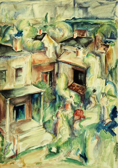 村、1929年頃（船上に置かれた紙に水彩と鉛筆） 作： William Preston Dickinson