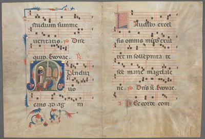 アンティフォナリーのバイフォリウム: イニシャル M と聖ドミニコの説教、c. 1320-1340。 作： Primo Miniatore di San Domenico