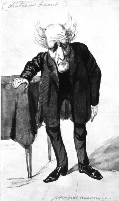 フランソワ・ルネ フランスの作家、シャトーブリアン子爵（1768-1848） フランスの作家、プロスペル・メリミーの漫画（彫刻）。 作： Prosper Merimee