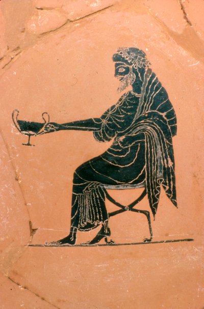 座っているディオニュソスの詳細、ギリシャのプレート、Psiax によって描かれ、紀元前 520 年頃 作： Psiax