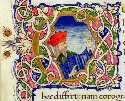 Ms Lat 463 fol.21r最初の「C」を世界地図からプトレマイオス（c.90-168）の肖像画でヒストリー化 作： Ptolemy