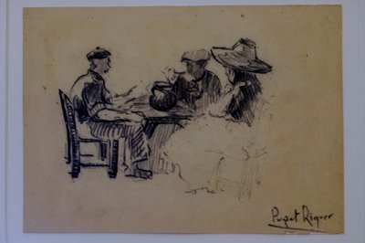 座った人物、ナルシス・プゲ・リケル、木炭画、プゲ美術館、カン・ローディスの貴族の家、ダルト・ビラ、イビサ島、スペイン、バルアリク諸島 作： Puget Riquer
